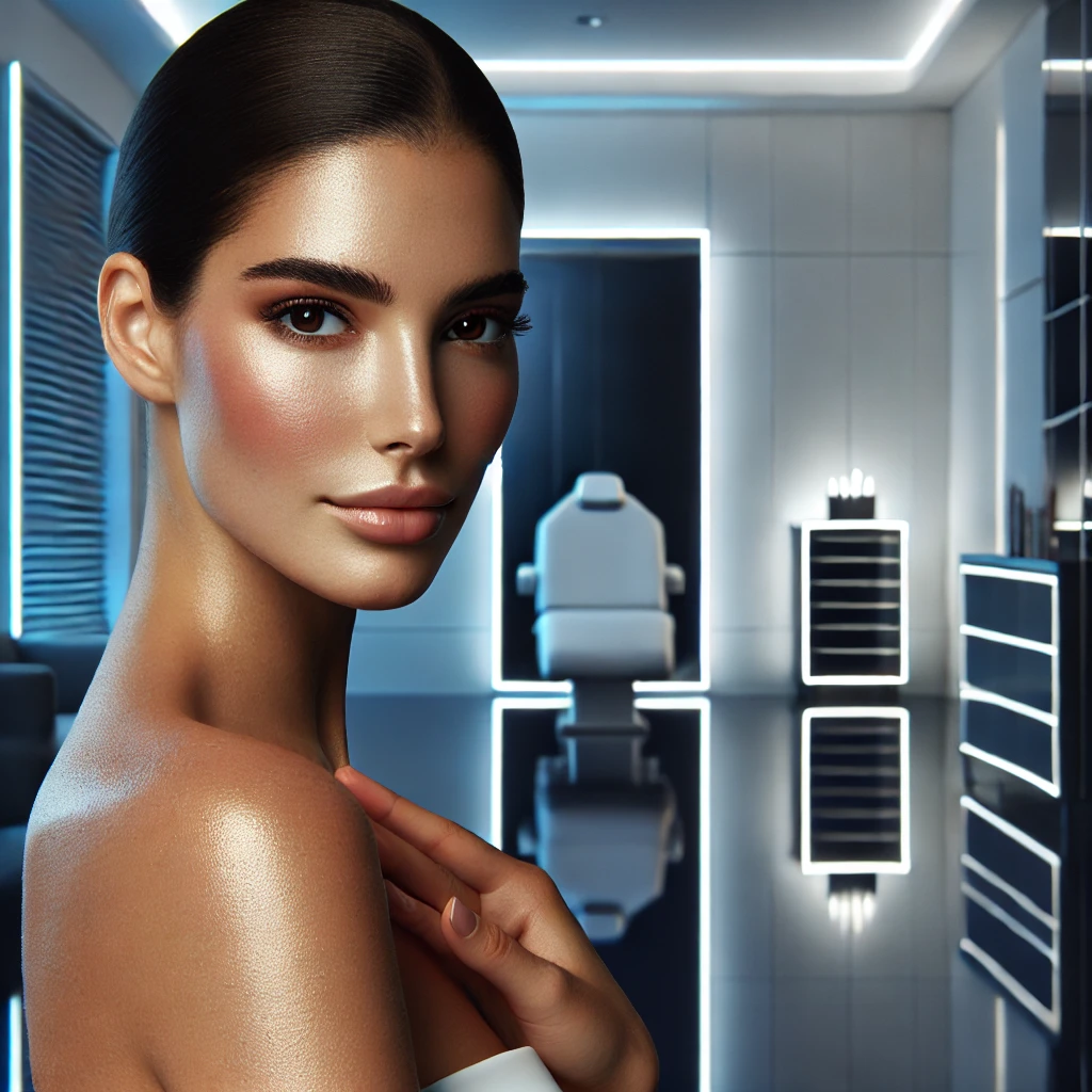 Luxurious modern aesthetic clinic setting with a confident person emphasizing natural beauty